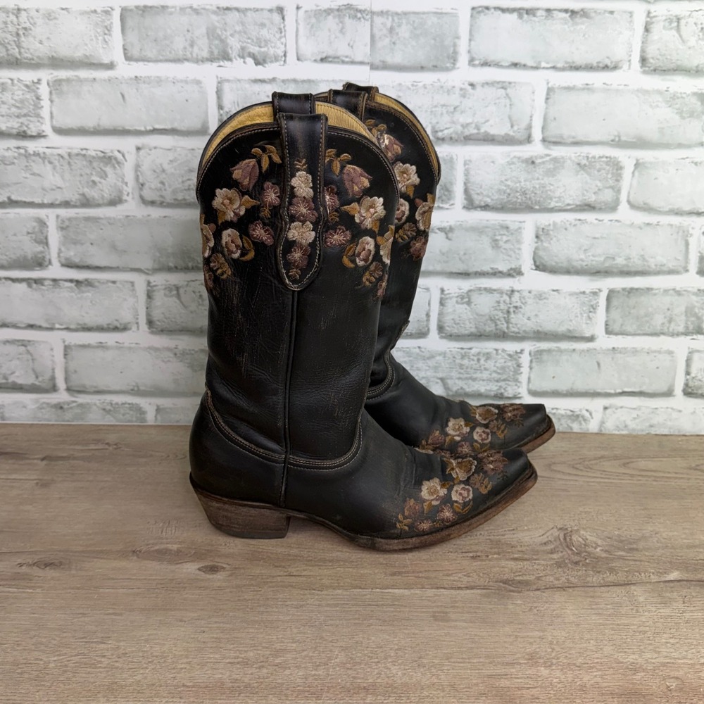 Cavender's Floral Embroidered Leather Western Cowboy Boots 8.5 B - Picture 2 of 8
